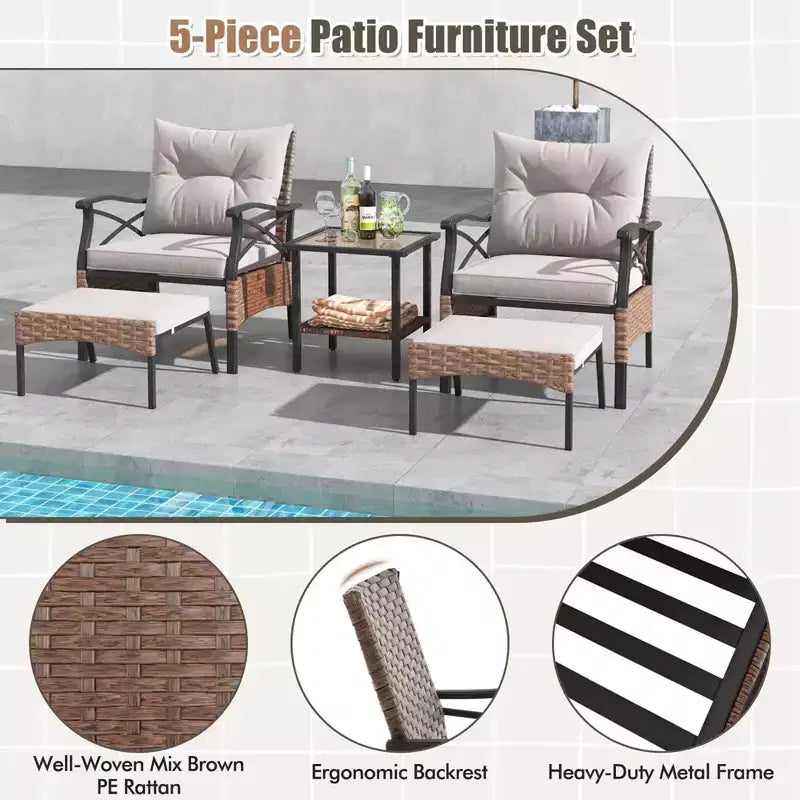 Costway Ensemble de Meubles de Patio 5 pièces avec Table Basse à 2 Niveaux et 2 Ottomans Coussins Inclus