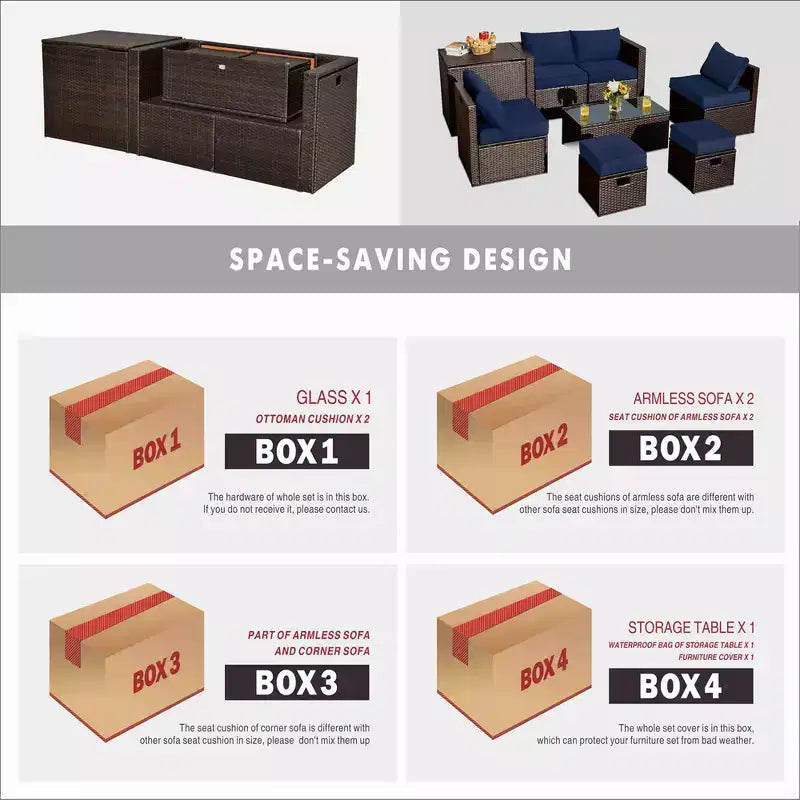 Costway Ensemble de 8 meubles de jardin en osier avec coffre de rangement, table en verre trempé et 2 poufs