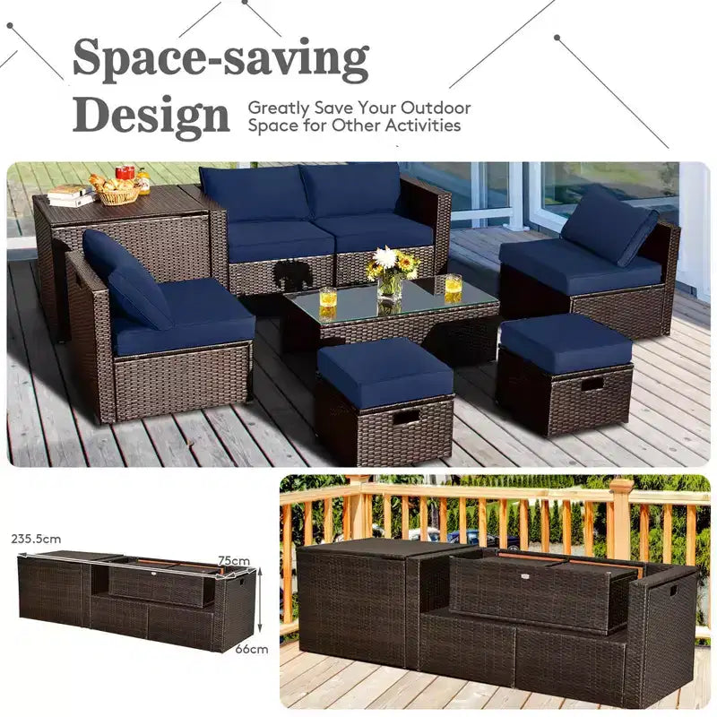Costway Ensemble de 8 meubles de jardin en osier avec coffre de rangement, table en verre trempé et 2 poufs