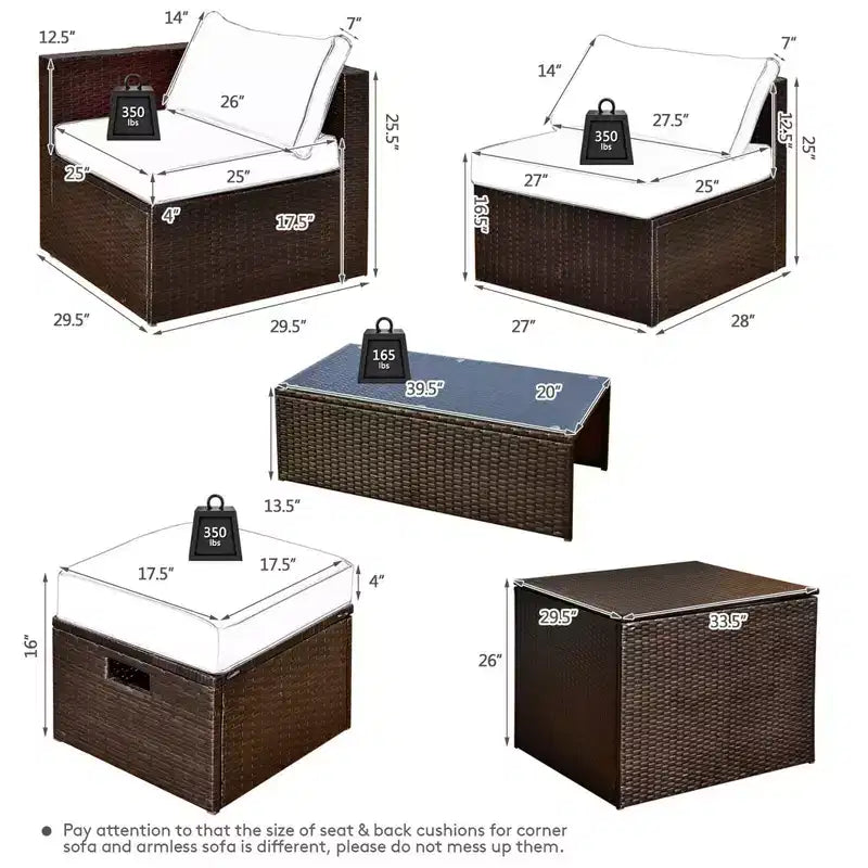 Costway Ensemble de 8 meubles de jardin en osier avec coffre de rangement, table en verre trempé et 2 poufs