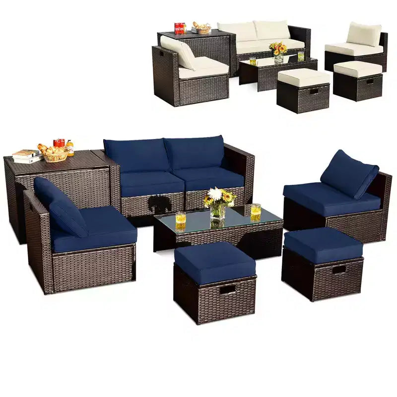 Costway Ensemble de 8 meubles de jardin en osier avec coffre de rangement, table en verre trempé et 2 poufs