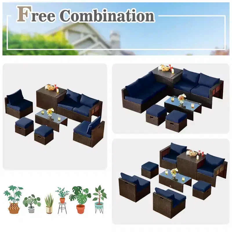 Costway Ensemble de 8 meubles de jardin en osier avec coffre de rangement, table en verre trempé et 2 poufs