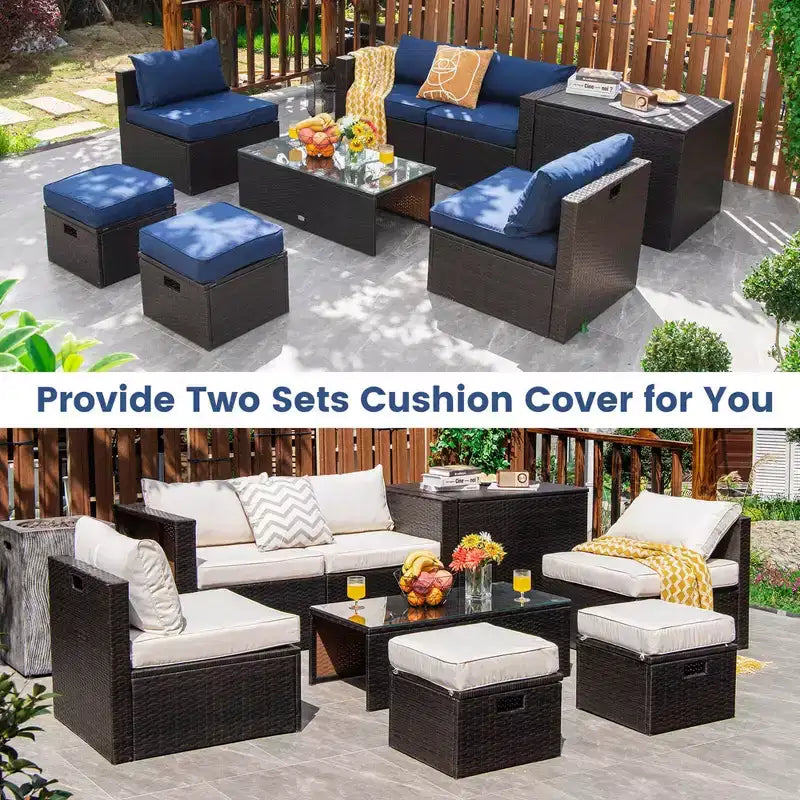 Costway Ensemble de 8 meubles de jardin en osier avec coffre de rangement, table en verre trempé et 2 poufs