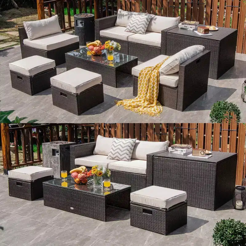 Costway Ensemble de 8 meubles de jardin en osier avec coffre de rangement, table en verre trempé et 2 poufs