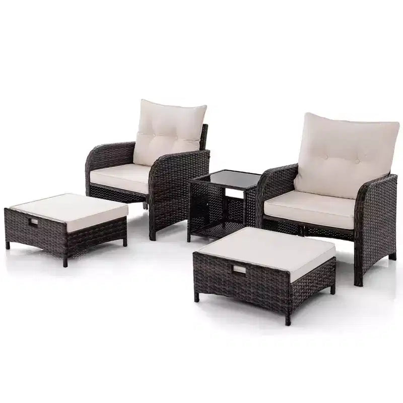 Costway Ensemble de conversation 5 pièces pour patio avec 2 chaises, 2 poufs et 1 table basse pour jardin, beige