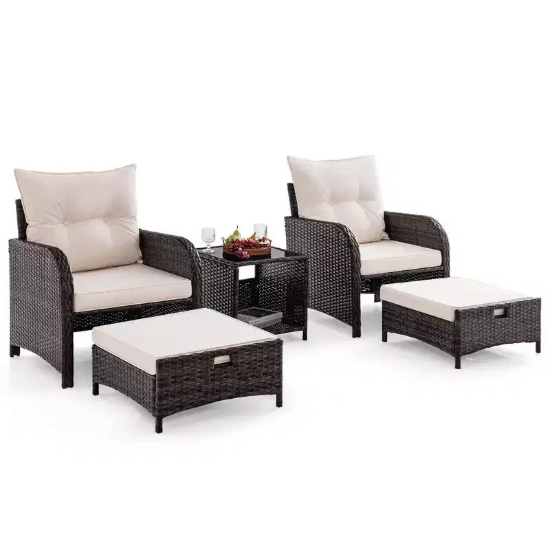 Costway Ensemble de conversation 5 pièces pour patio avec 2 chaises, 2 poufs et 1 table basse pour jardin, beige
