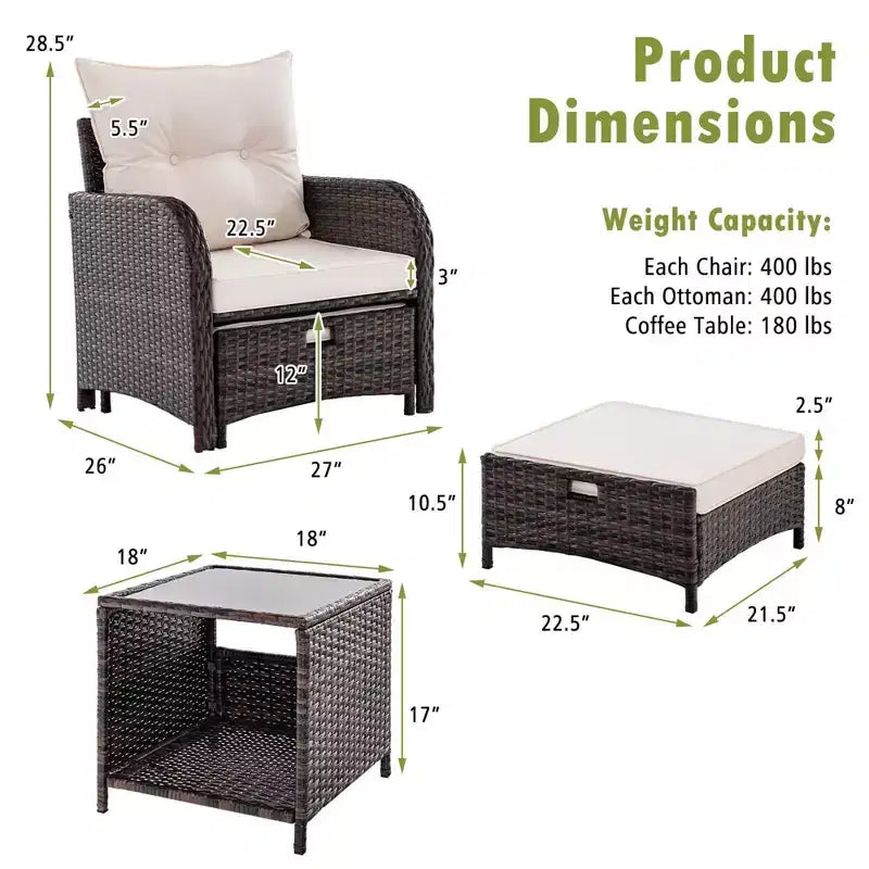 Costway Ensemble de conversation 5 pièces pour patio avec 2 chaises, 2 poufs et 1 table basse pour jardin, beige
