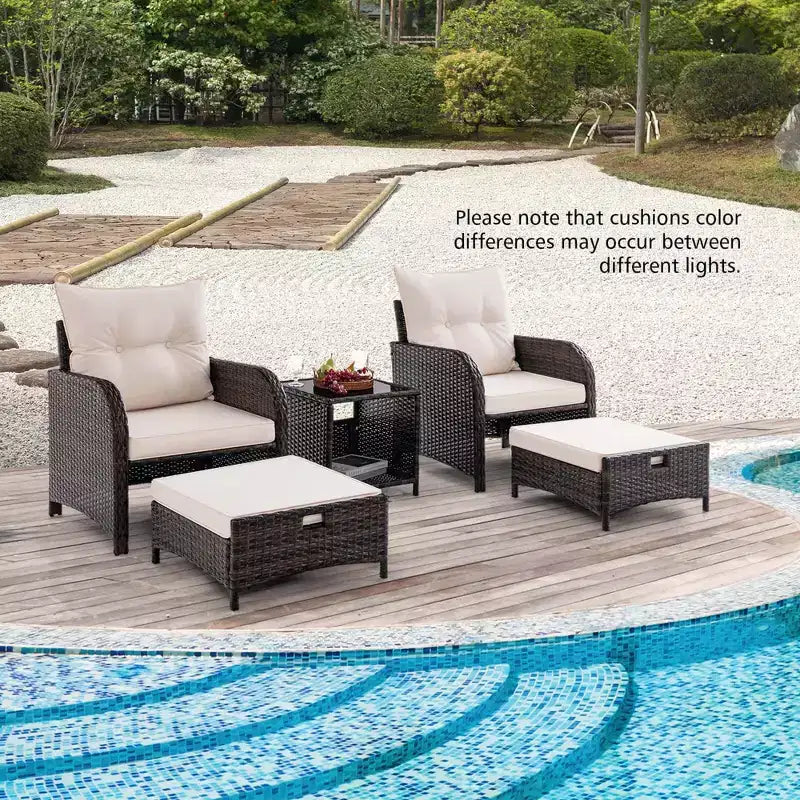 Costway Ensemble de conversation 5 pièces pour patio avec 2 chaises, 2 poufs et 1 table basse pour jardin, beige