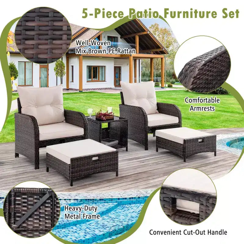 Costway Ensemble de conversation 5 pièces pour patio avec 2 chaises, 2 poufs et 1 table basse pour jardin, beige