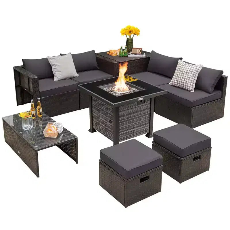 Ensemble de meubles de patio Costway 9 pièces avec table de foyer au propane de 50 000 BTU Noir/Gris/Bleu marine/Rouge/Blanc/Turquoise