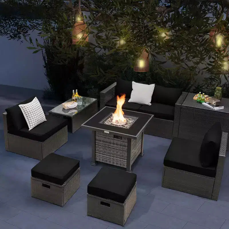 Ensemble de meubles de patio Costway 9 pièces avec table de foyer au propane de 50 000 BTU Noir/Gris/Bleu marine/Rouge/Blanc/Turquoise