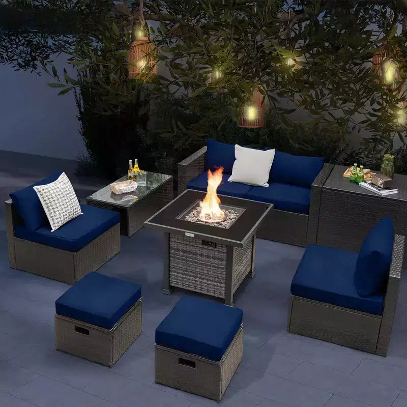 Ensemble de meubles de patio Costway 9 pièces avec table de foyer au propane de 50 000 BTU Noir/Gris/Bleu marine/Rouge/Blanc/Turquoise