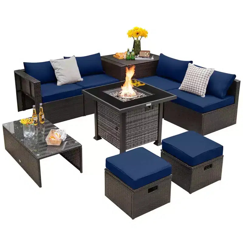 Ensemble de meubles de patio Costway 9 pièces avec table de foyer au propane de 50 000 BTU Noir/Gris/Bleu marine/Rouge/Blanc/Turquoise