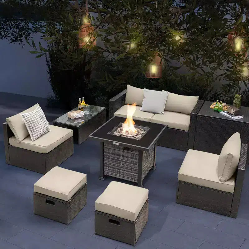 Ensemble de meubles de patio Costway 9 pièces avec table de foyer au propane de 50 000 BTU Noir/Gris/Bleu marine/Rouge/Blanc/Turquoise