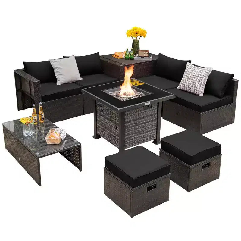 Ensemble de meubles de patio Costway 9 pièces avec table de foyer au propane de 50 000 BTU Noir/Gris/Bleu marine/Rouge/Blanc/Turquoise