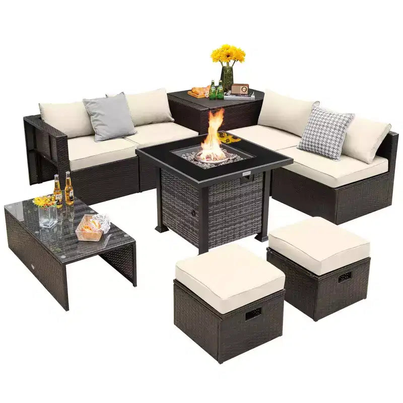 Ensemble de meubles de patio Costway 9 pièces avec table de foyer au propane de 50 000 BTU Noir/Gris/Bleu marine/Rouge/Blanc/Turquoise