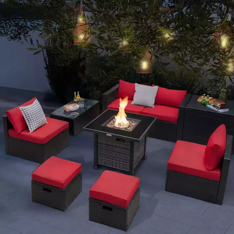 Ensemble de meubles de patio Costway 9 pièces avec table de foyer au propane de 50 000 BTU Noir/Gris/Bleu marine/Rouge/Blanc/Turquoise