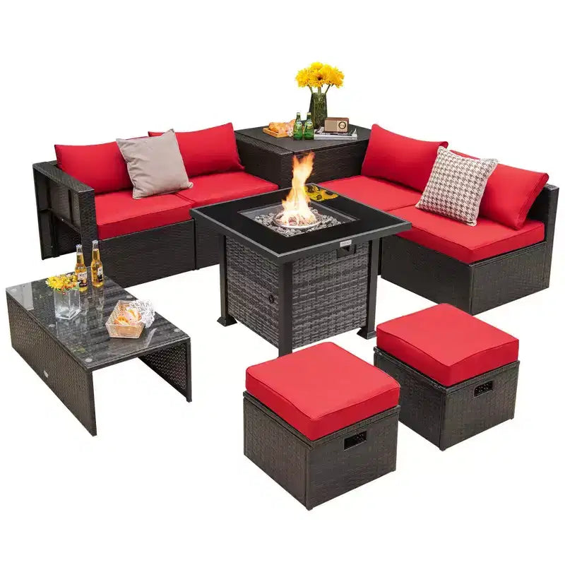 Ensemble de meubles de patio Costway 9 pièces avec table de foyer au propane de 50 000 BTU Noir/Gris/Bleu marine/Rouge/Blanc/Turquoise