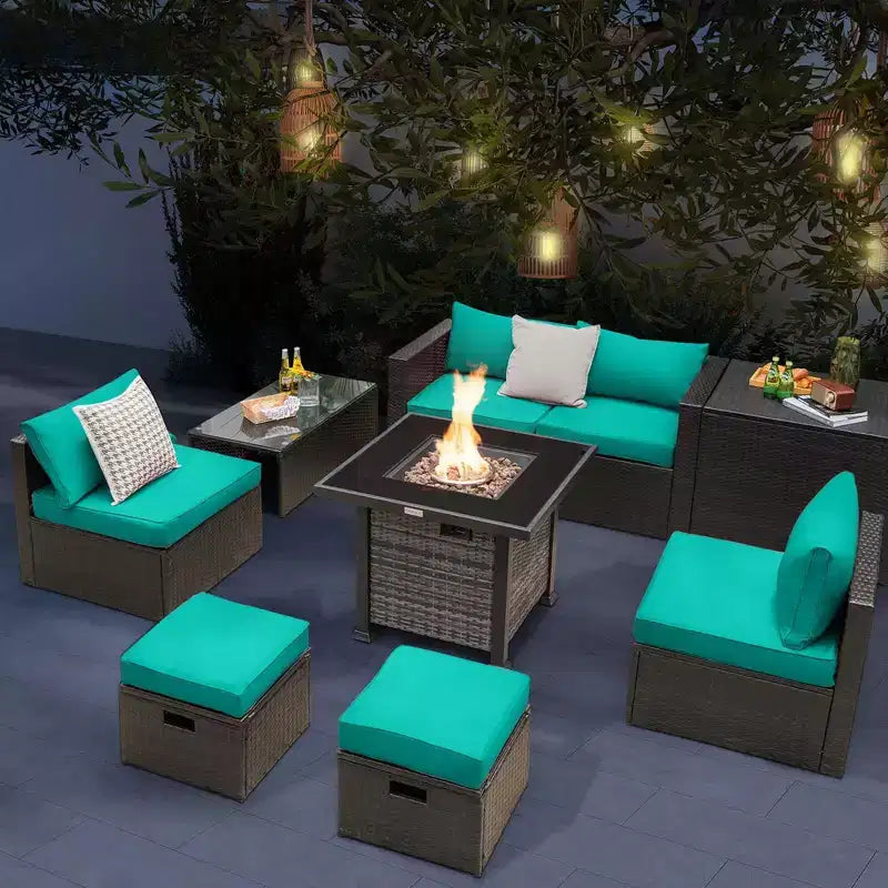 Ensemble de meubles de patio Costway 9 pièces avec table de foyer au propane de 50 000 BTU Noir/Gris/Bleu marine/Rouge/Blanc/Turquoise