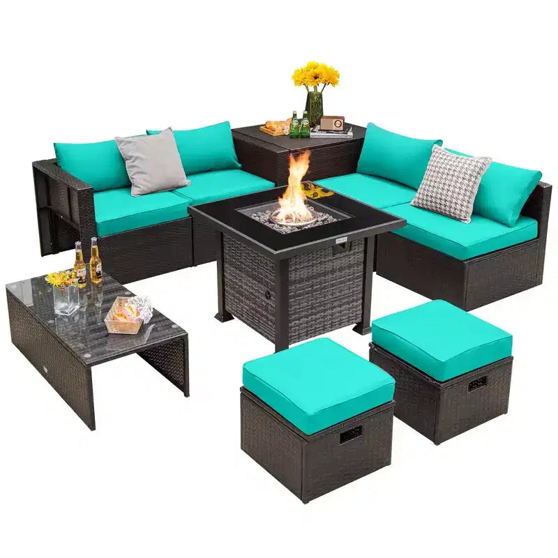 Ensemble de meubles de patio Costway 9 pièces avec table de foyer au propane de 50 000 BTU Noir/Gris/Bleu marine/Rouge/Blanc/Turquoise