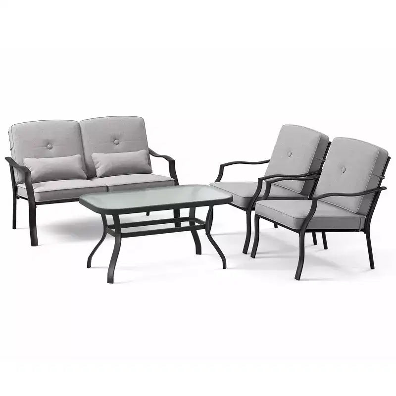 Costway Ensemble de Meubles de Jardin 4 Pièces Canapé de Conversation d'Extérieur Table Basse en Verre Trempé Bleu Marine/Gris
