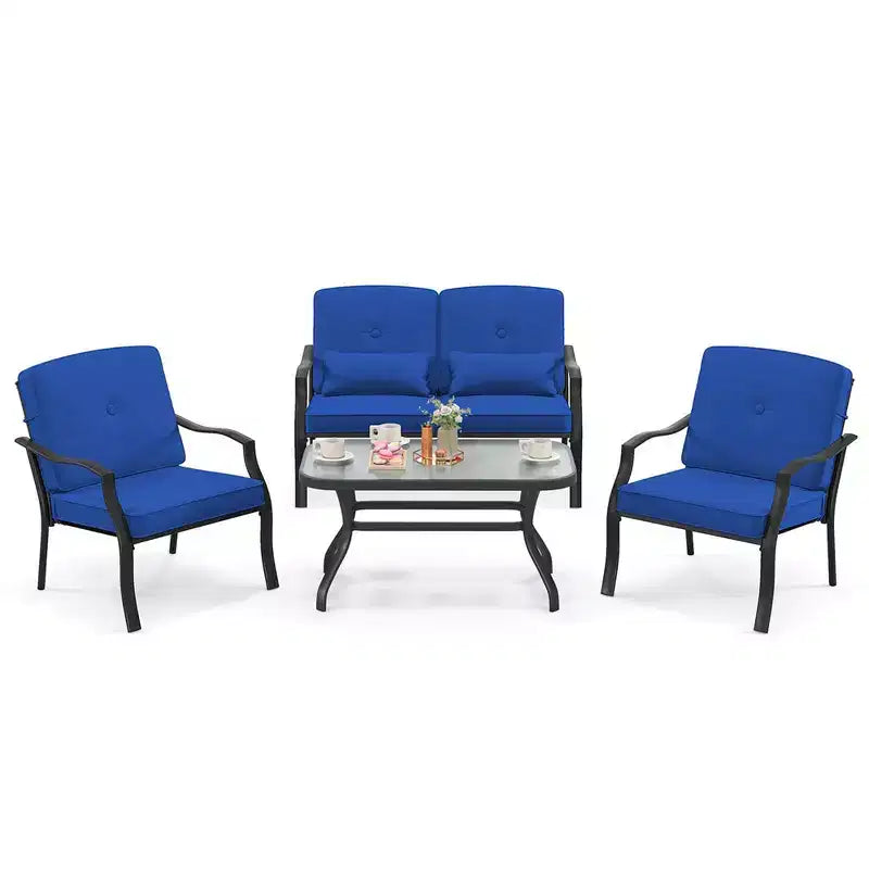 Costway Ensemble de Meubles de Jardin 4 Pièces Canapé de Conversation d'Extérieur Table Basse en Verre Trempé Bleu Marine/Gris