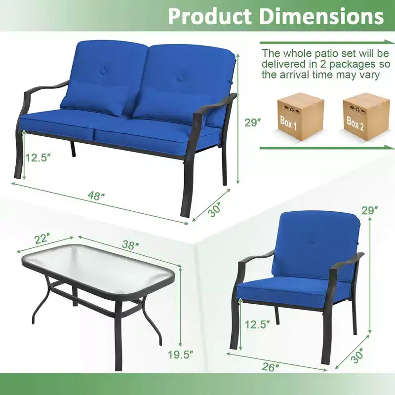 Costway Ensemble de Meubles de Jardin 4 Pièces Canapé de Conversation d'Extérieur Table Basse en Verre Trempé Bleu Marine/Gris