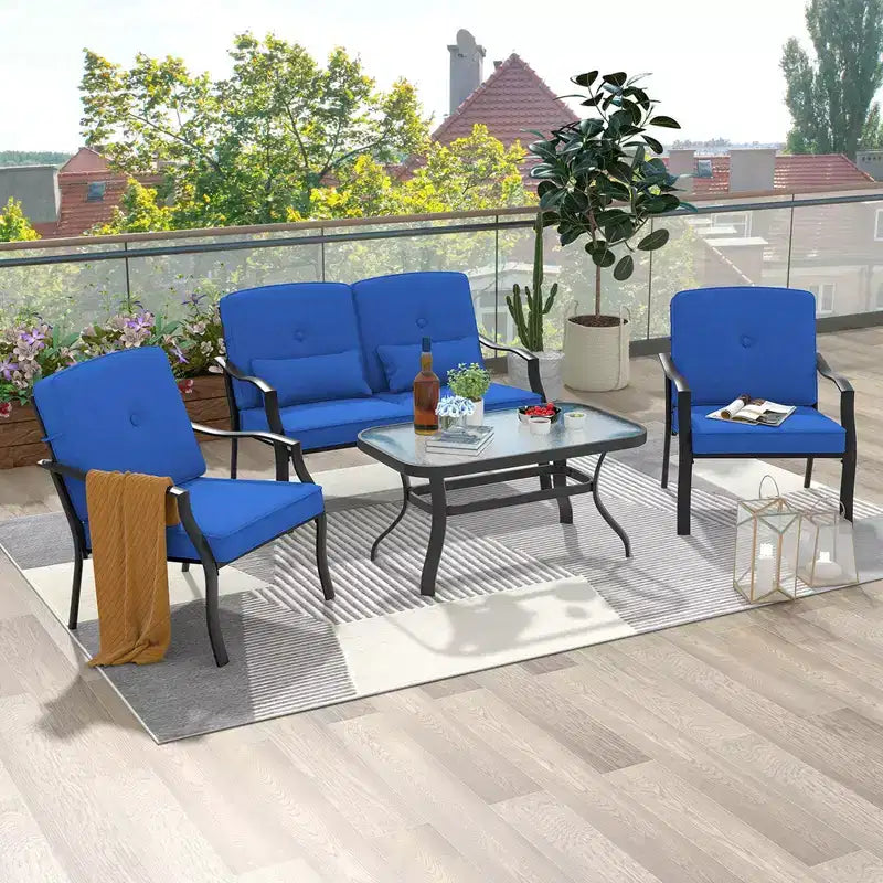 Costway Ensemble de Meubles de Jardin 4 Pièces Canapé de Conversation d'Extérieur Table Basse en Verre Trempé Bleu Marine/Gris