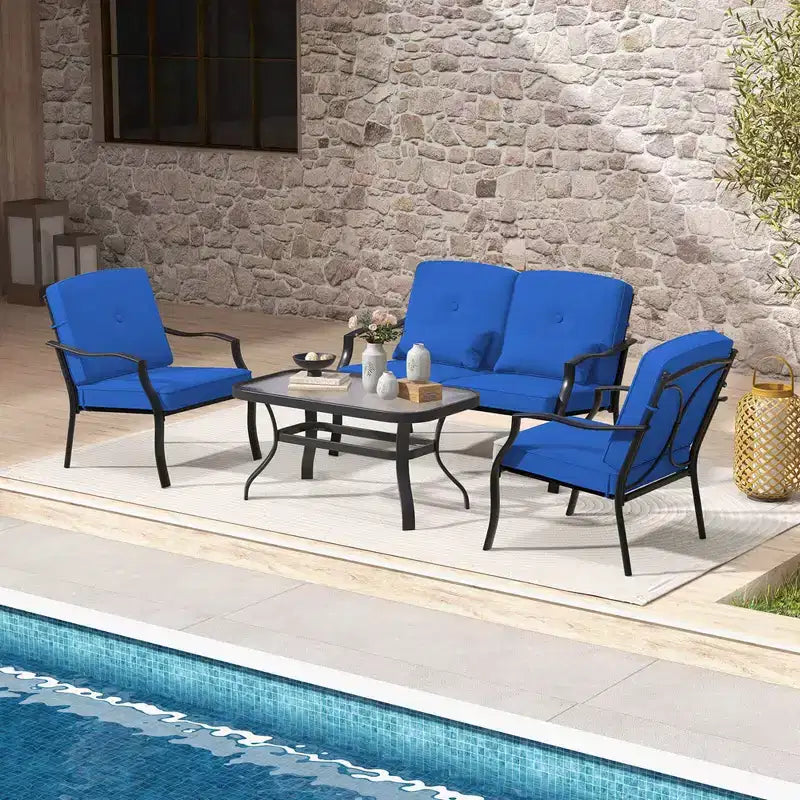 Costway Ensemble de Meubles de Jardin 4 Pièces Canapé de Conversation d'Extérieur Table Basse en Verre Trempé Bleu Marine/Gris