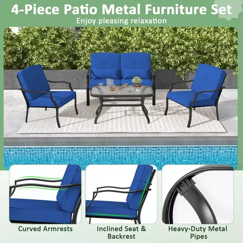 Costway Ensemble de Meubles de Jardin 4 Pièces Canapé de Conversation d'Extérieur Table Basse en Verre Trempé Bleu Marine/Gris