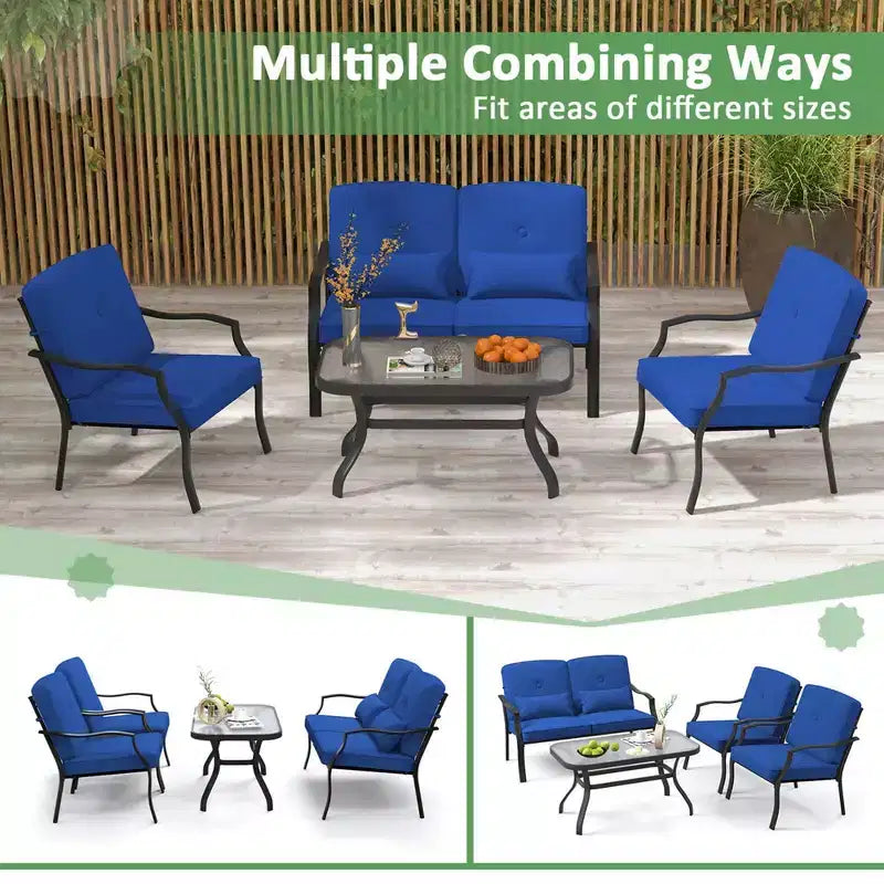 Costway Ensemble de Meubles de Jardin 4 Pièces Canapé de Conversation d'Extérieur Table Basse en Verre Trempé Bleu Marine/Gris