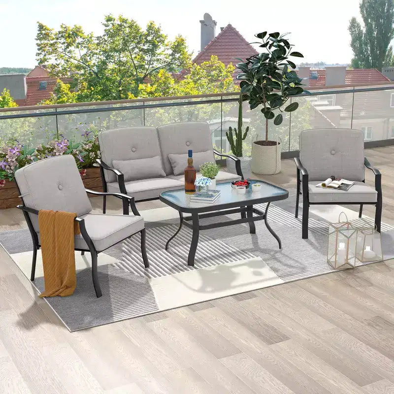 Costway Ensemble de Meubles de Jardin 4 Pièces Canapé de Conversation d'Extérieur Table Basse en Verre Trempé Bleu Marine/Gris
