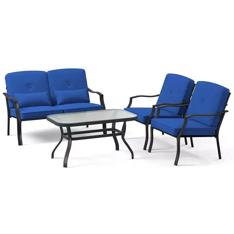 Costway Ensemble de Meubles de Jardin 4 Pièces Canapé de Conversation d'Extérieur Table Basse en Verre Trempé Bleu Marine/Gris