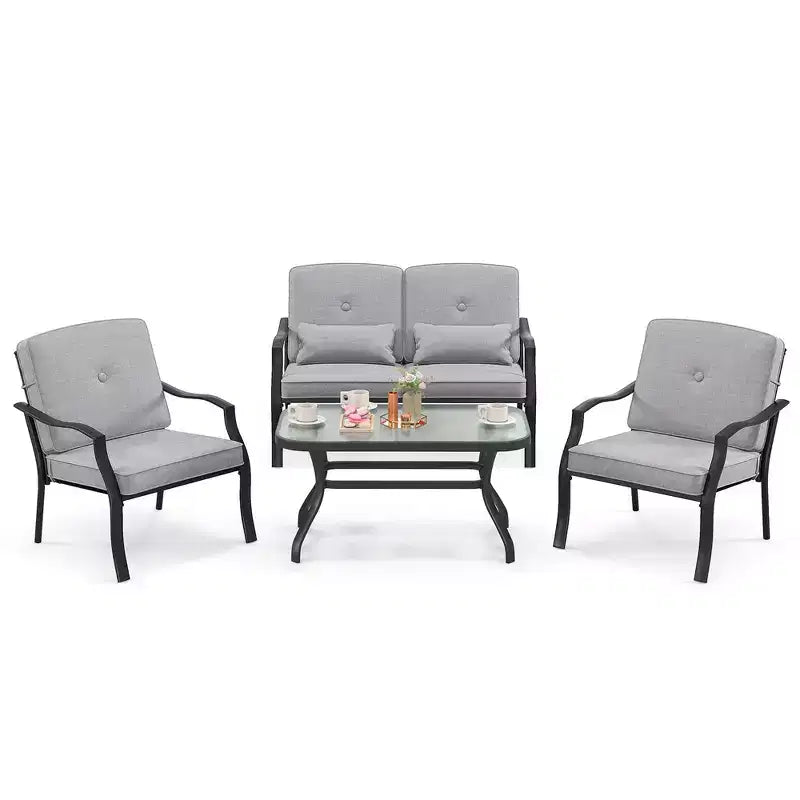 Costway Ensemble de Meubles de Jardin 4 Pièces Canapé de Conversation d'Extérieur Table Basse en Verre Trempé Bleu Marine/Gris