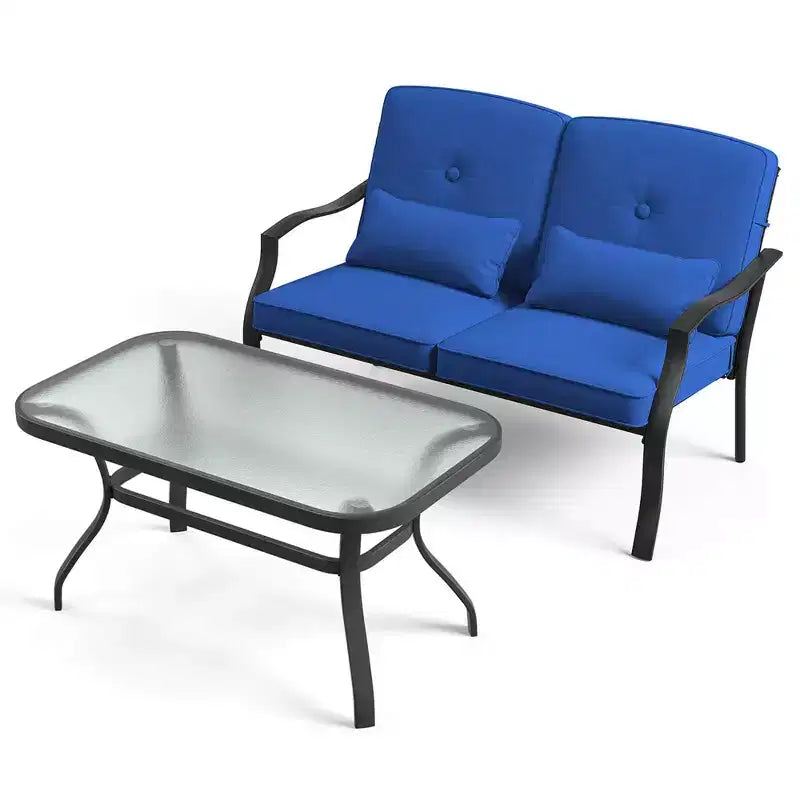 Costway Ensemble de Meubles de Patio 2 Pièces Canapé de Jardin Table Basse Sièges Coussins Bleu Marine/Gris