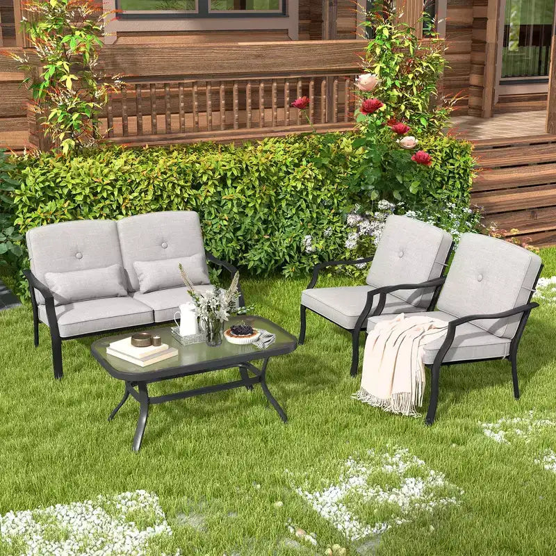 Costway Ensemble de Meubles de Patio 2 Pièces Canapé de Jardin Table Basse Sièges Coussins Bleu Marine/Gris