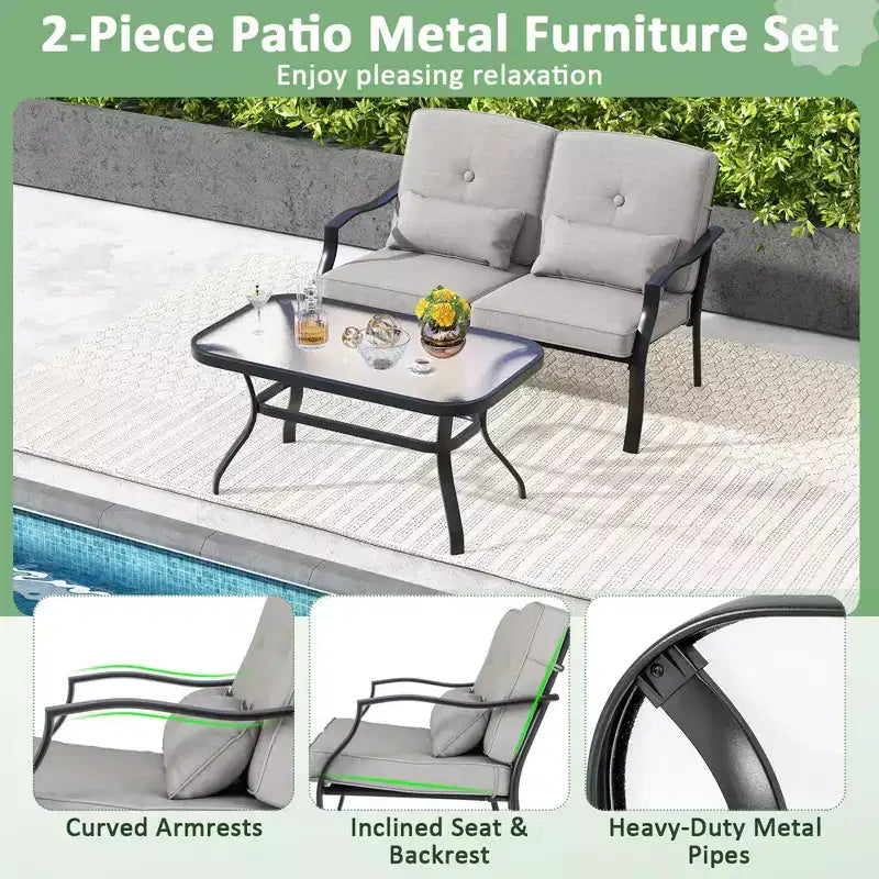 Costway Ensemble de Meubles de Patio 2 Pièces Canapé de Jardin Table Basse Sièges Coussins Bleu Marine/Gris