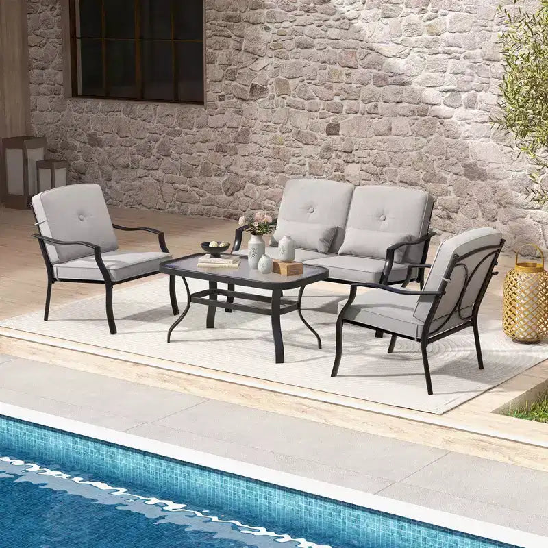 Costway Ensemble de Meubles de Patio 2 Pièces Canapé de Jardin Table Basse Sièges Coussins Bleu Marine/Gris