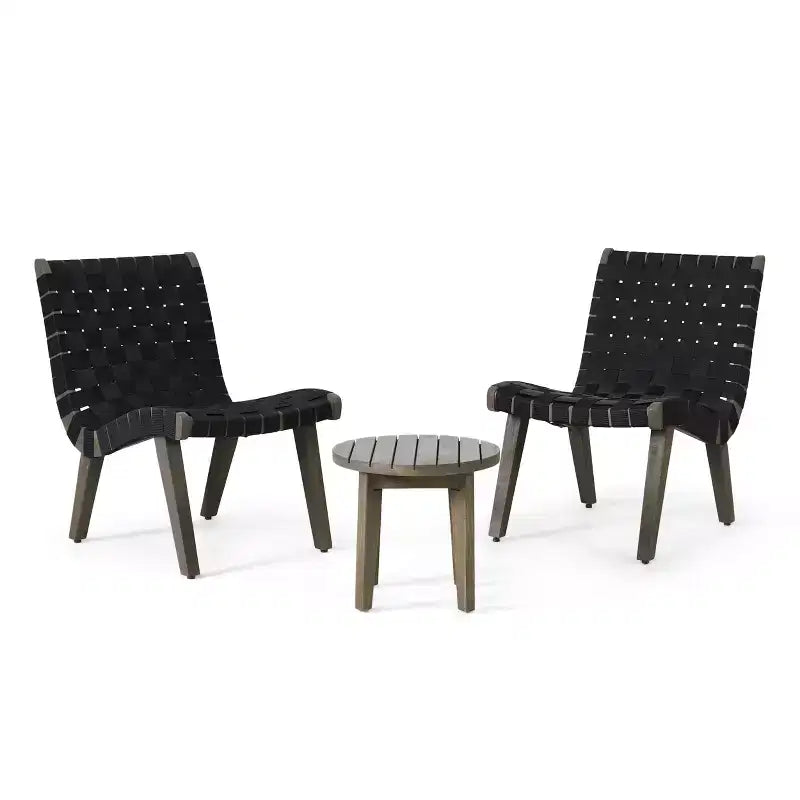 GDFStudio Ocilla Outdoor Acacia Wood and Rope Weave 3 Piece Chat Set, Black/Gray