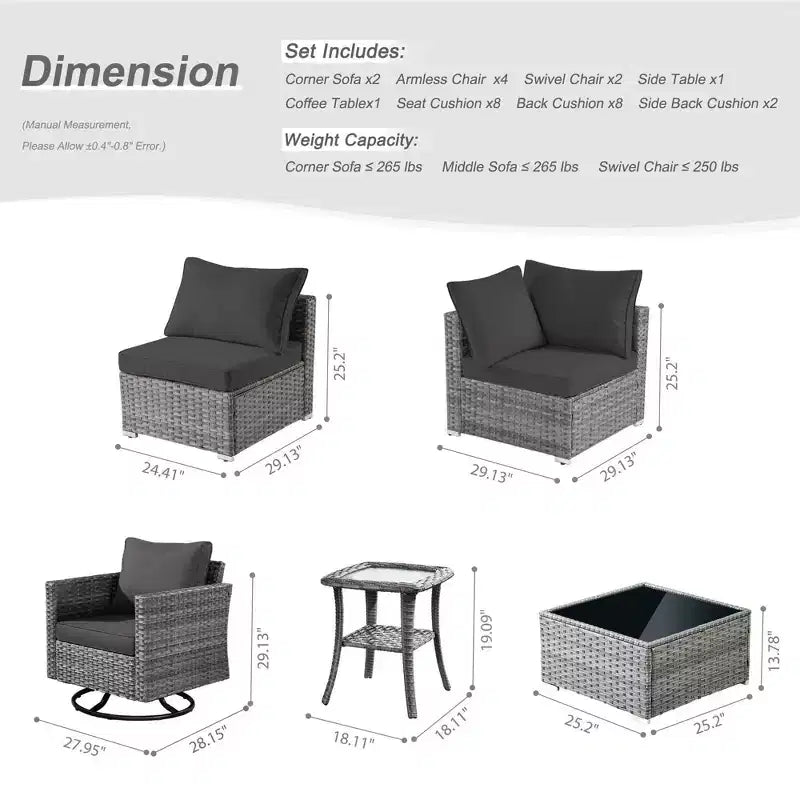 Ovios Venice, ensemble de 10 meubles de patio extérieurs en osier, canapé sectionnel de conversation avec fauteuil pivotant et coussins