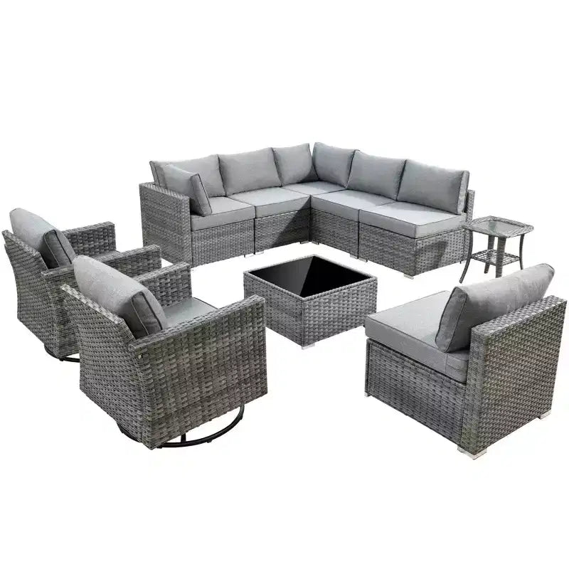 Ovios Venice, ensemble de 10 meubles de patio extérieurs en osier, canapé sectionnel de conversation avec fauteuil pivotant et coussins