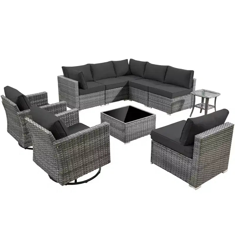 Ovios Venice, ensemble de 10 meubles de patio extérieurs en osier, canapé sectionnel de conversation avec fauteuil pivotant et coussins