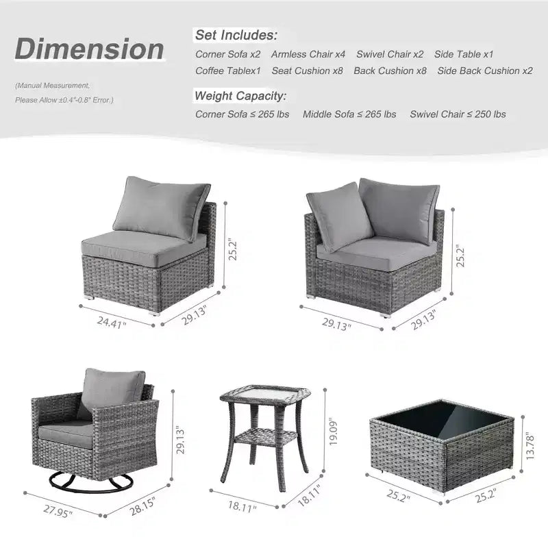 Ovios Venice, ensemble de 10 meubles de patio extérieurs en osier, canapé sectionnel de conversation avec fauteuil pivotant et coussins