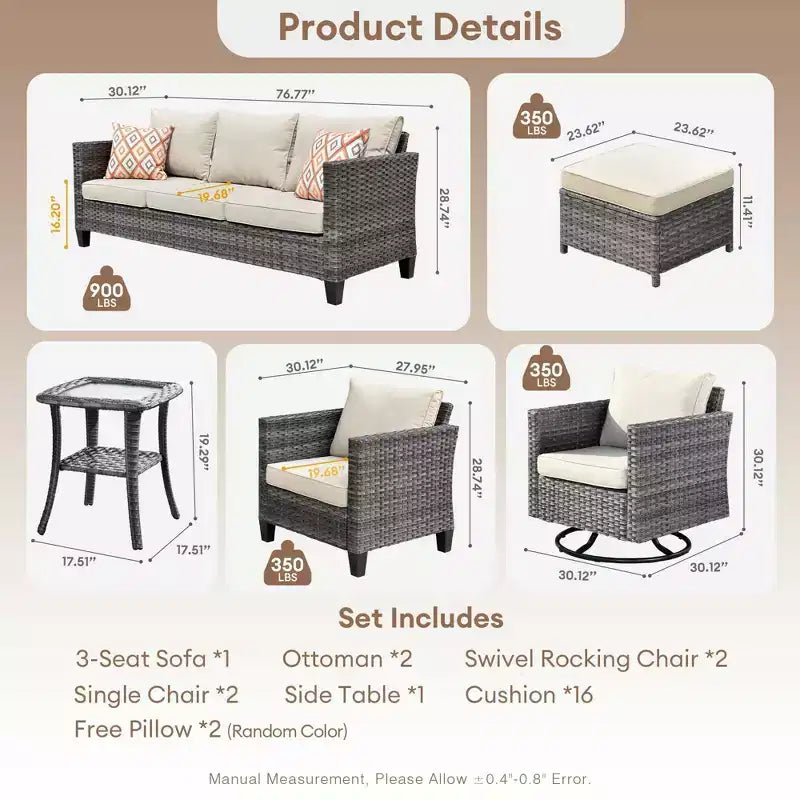 Ovios Tampa Ensemble de meubles de patio extérieur 8 pièces en osier avec canapé, fauteuils pivotants et coussins