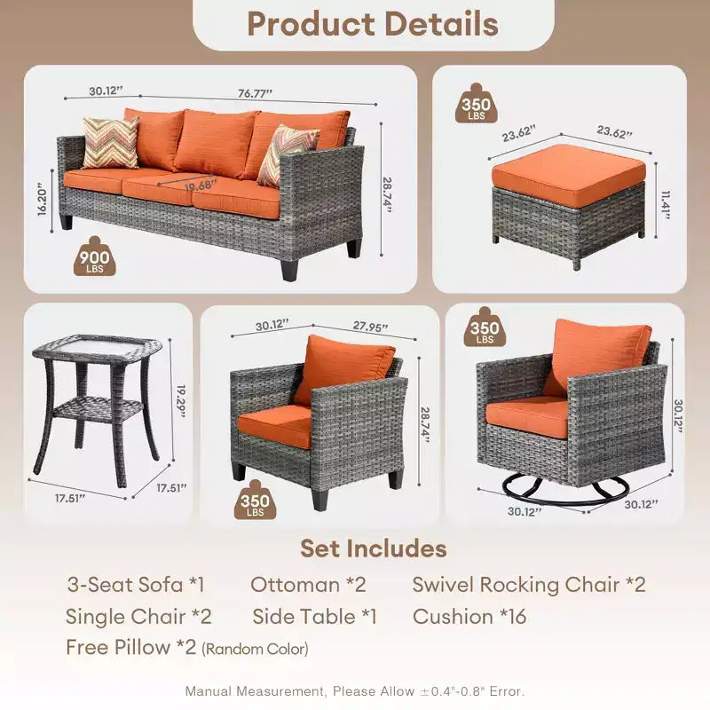 Ovios Tampa Ensemble de meubles de patio extérieur 8 pièces en osier avec canapé, fauteuils pivotants et coussins