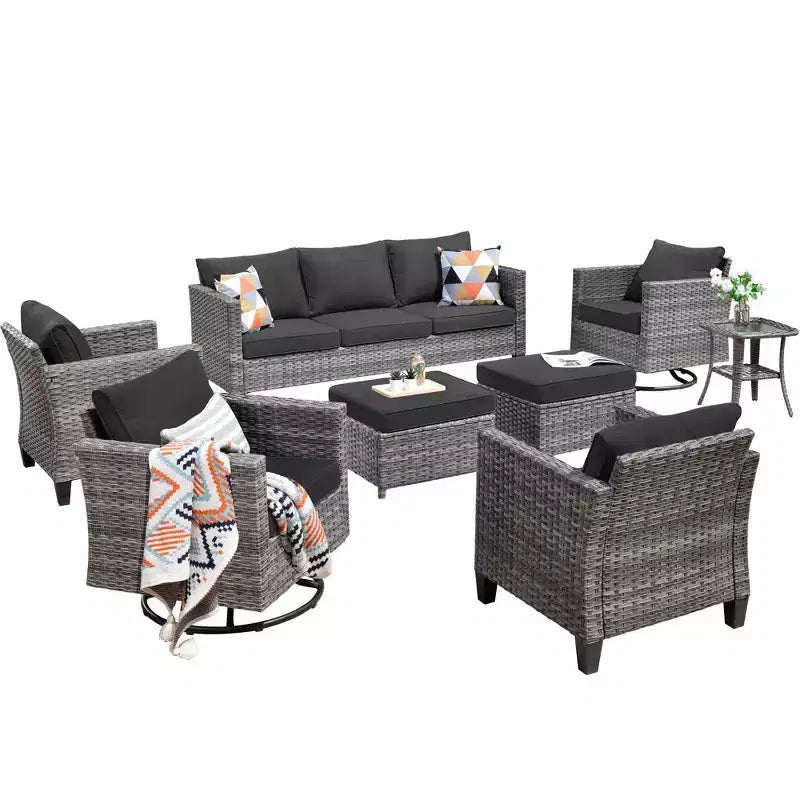 Ovios Tampa Ensemble de meubles de patio extérieur 8 pièces en osier avec canapé, fauteuils pivotants et coussins