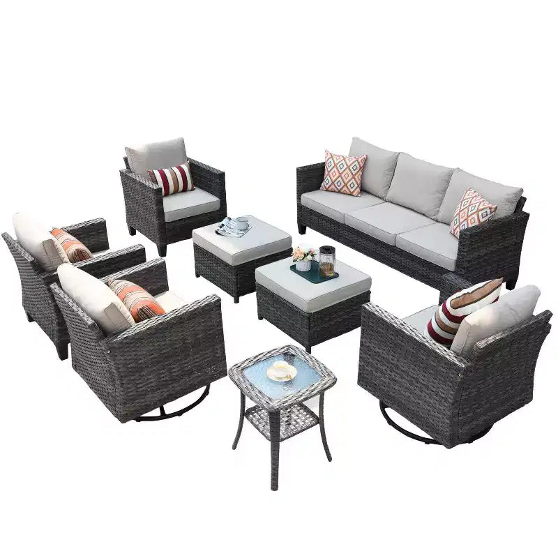 Ovios Tampa Ensemble de meubles de patio extérieur 8 pièces en osier avec canapé, fauteuils pivotants et coussins