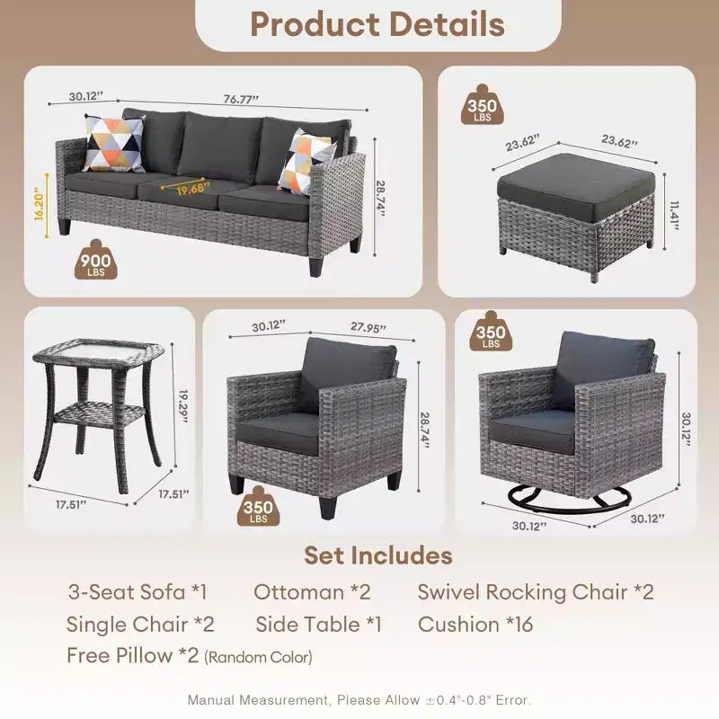 Ovios Tampa Ensemble de meubles de patio extérieur 8 pièces en osier avec canapé, fauteuils pivotants et coussins