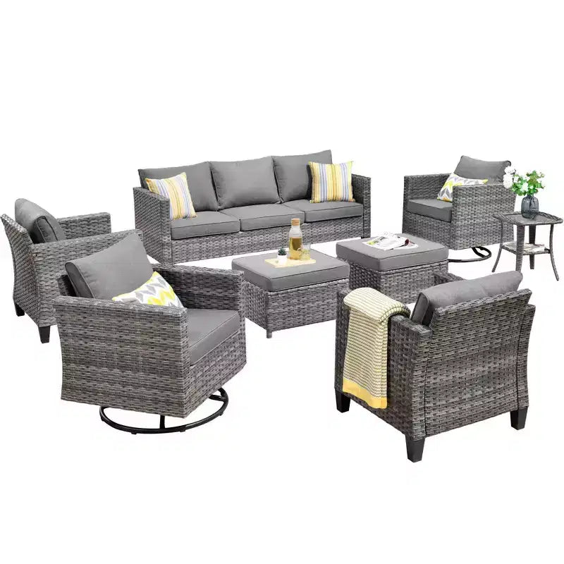 Ovios Tampa Ensemble de meubles de patio extérieur 8 pièces en osier avec canapé, fauteuils pivotants et coussins