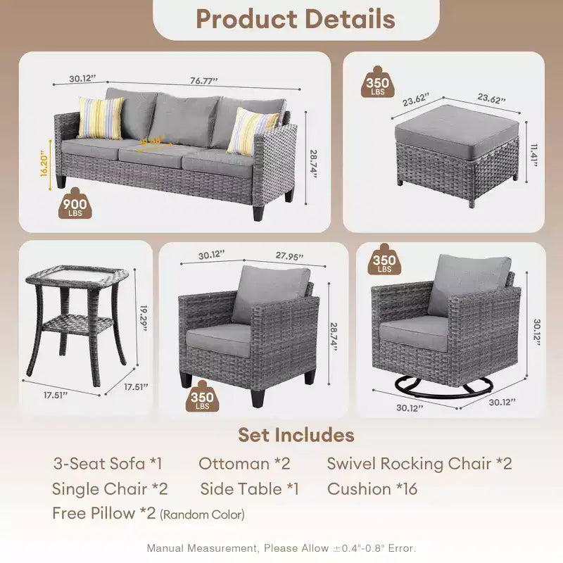 Ovios Tampa Ensemble de meubles de patio extérieur 8 pièces en osier avec canapé, fauteuils pivotants et coussins